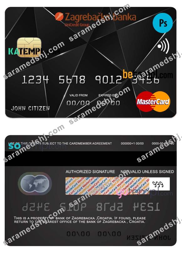 Croatia Zagrebacka bank mastercard credit card template in PSD format, fully editable